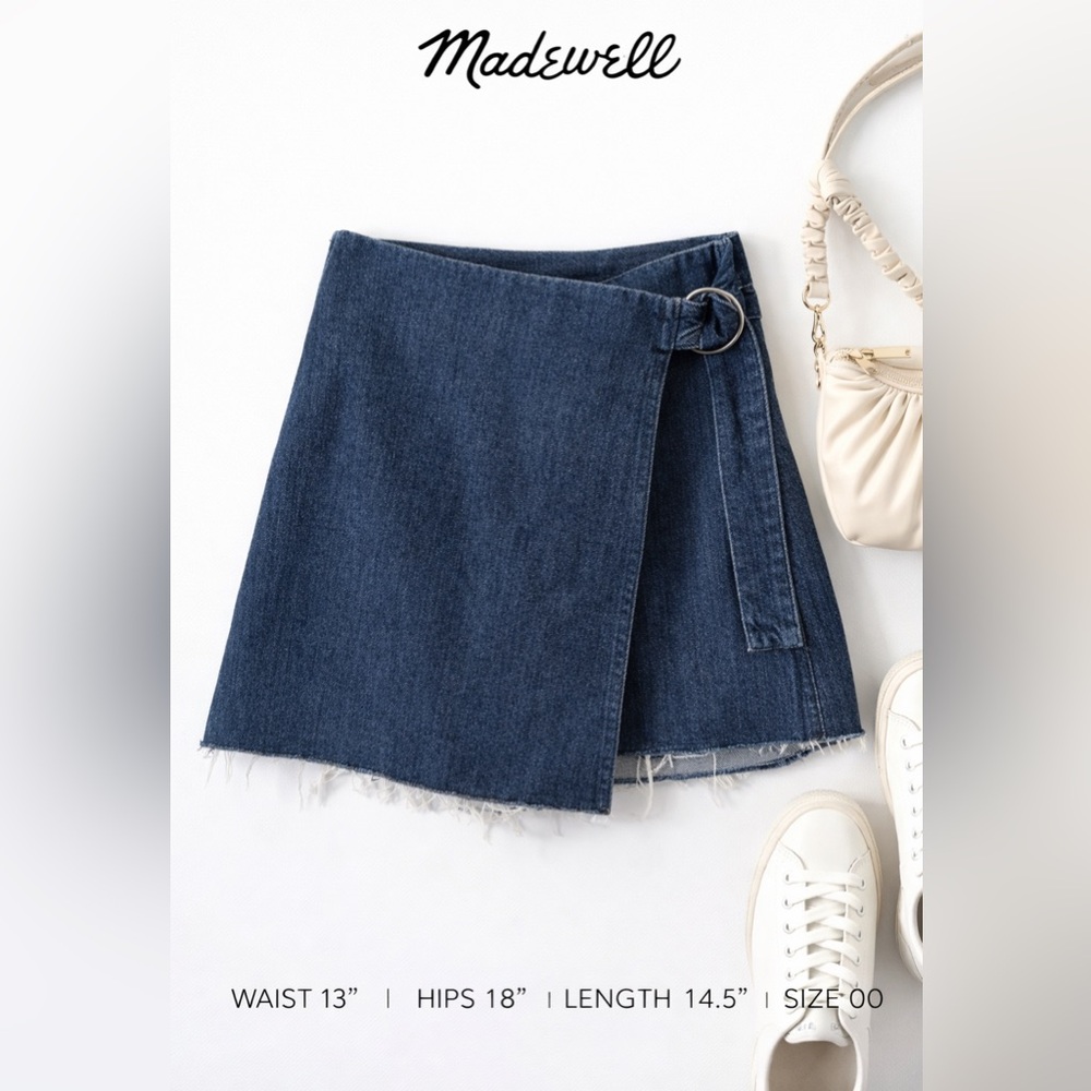 Madewell Denim‎ Wrap Mini Skirt Blue Raw Hem High Waisted Size 00